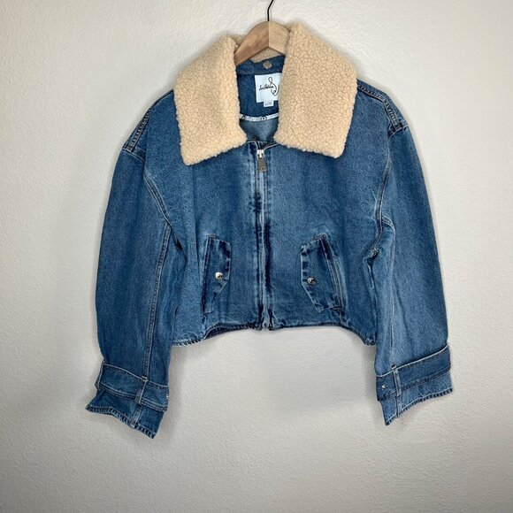 Sam Edelman Mesa High-Pile Fleece Collar Zip-Up Crop Denim Moto Jacket XL - Picture 9 of 10